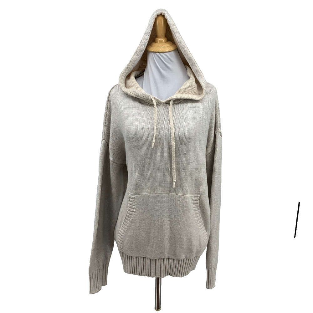 Evereve Sweater Womens S Small Beige Shiny Sheen Knit Hoodie Kangaroo Pocket